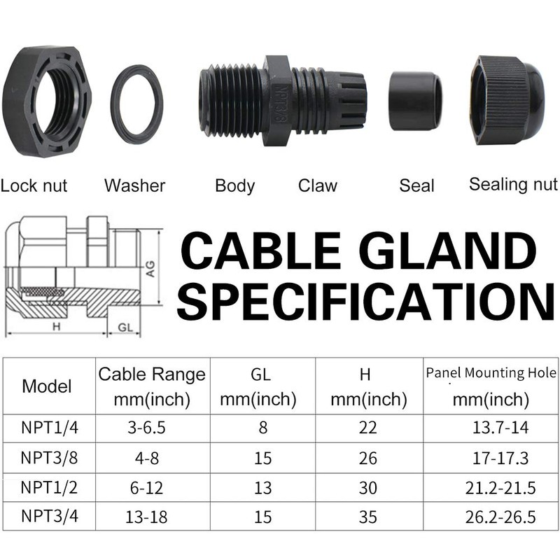 MAKERELE NPT Cable Glands Kit Waterproof Adjustable Nylon 1/4” 3/8”