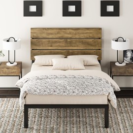 Allewie Twin Size Platform Bed Frame with Wooden Headboard and Metal Slats/Rustic Country Style Mattress Foundation/Box Spring Optional/Strong Metal Slats Support/Easy Assembly/Light Brown