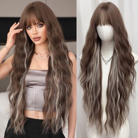 7JHH WIGS Long Loose Wavy Cold Brown Highlight Blonde Wigs with Bangs Wet and Wavy Long Curly Heat Resistant 150% Density Culry Wave Wig for Women Daily Used