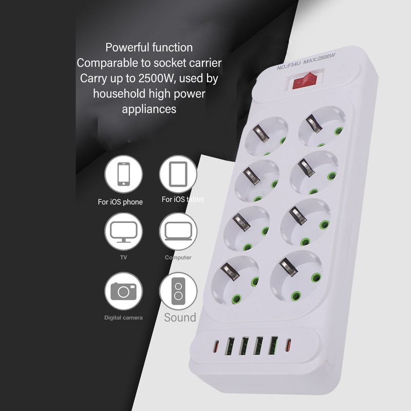 8 Way Power Strip USB C European Socket Desk Wall