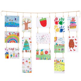 KLOGTSIND Kids Art Display Wall Decor, Wooden Beads Garland Frame Holder with 34 Clips for kids artwork, Photo, Wall Hanging Boho Room Bedroom Decor