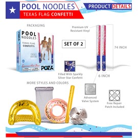 POZA 2 Pack Jumbo Texas Flag Inflatable Pool Noodle Floats - Premium Luxurious Patriotic Pool Toys with Sparkly Silver Star Confetti for Adults and Kids - 74 Inch