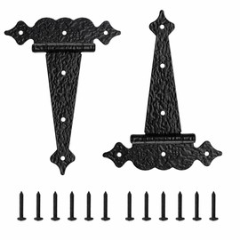 8 Inch Tee Hinges Heavy Duty, 2 Pack Black T-Strap Hinges for Wooden Fence, Decorative Gate Hinges for Outdoor Shed Door, Barn & Garden, Rustproof Steel with Mounting Screws, Hammered Finish