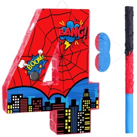 Capoda Number 4 Spider Piñata Bundle with Blindfold and Stick Spider Birthday Party Piñata for Birthday Party Decoration, 16.1 x 12.3 x 2.8 Inch