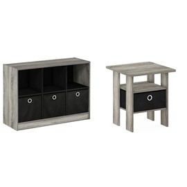 Furinno Bookcase and End Table Bundle with Bins and Drawers (French Oak Grey/Black)