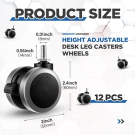 Cinnvoice 12 Pcs 2 Inch M8 Threaded Caster Office Chair Replacement Wheels Bulk Height Adjustable Lockable Swivel Caster for Chair Standing Mobile Desk Luggage Accessories