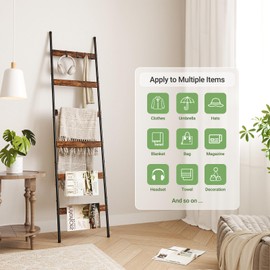 ELYKEN Blanket Ladder for Living Room, Farmhouse 6-Tier Quilt Holder with 4 Removable Hooks for Bathroom, Wood Towel Rack Display, Wall Anchor Leaning Decorative Stand for Home, Rustic Brown