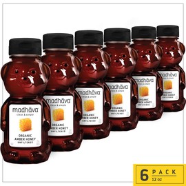 MADHAVA Organic Amber Honey, Unfiltered, 12 oz. Honey Bear (Pack of 6) Natural Sweetener, Sugar Alternative 100% Pure Organic HoneyPure Honey USDA Organic Non GMO Liquid Sweetener