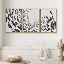 SIGNWIN Framed Canvas Print Wall Art Swirling School of Fish Abstract Shapes Illustrations Modern Art Minimalist Relax/Calm Black and White for Living Room, Bedroom, Office - 24"x36"x3 Natural