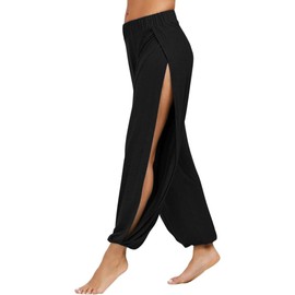 Topjini Harem Pants for Women Double High Slit Leg Flowy Yoga Pant Pilates Dance Hippie Wrap Beach Cover-Up Pants Black