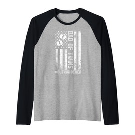 Mens Twin Dad Of Twins Outnumbered Twin Father Of Twins US Flag Raglan Baseball Tee