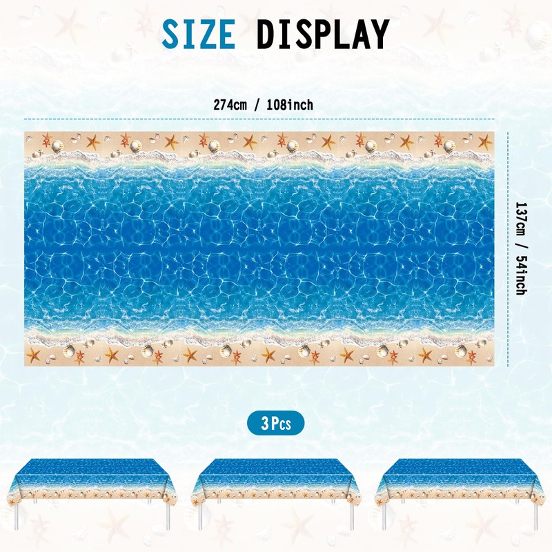 Herytem 3-Piece 54 x 108 Inch Summer Beach Plastic Tablecloth
