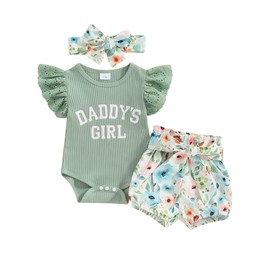 ZZLBUF Newborn Infant Baby Girl Summer Outfits Letter Ruffle Sleeveless Romper Floral Shorts Headband 3Pcs Clothes Set (01- Green, 3-6 Months)