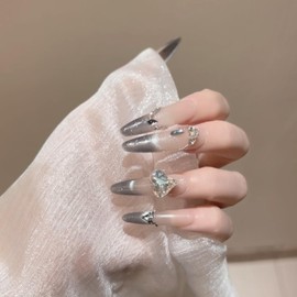 Long Lasting Press On Nails - Strong Fake Nails That Stay Put | Waterproof & Durable | Makes Short Nails Look Amazing | 10PCS Nails (Silver-S, Long)