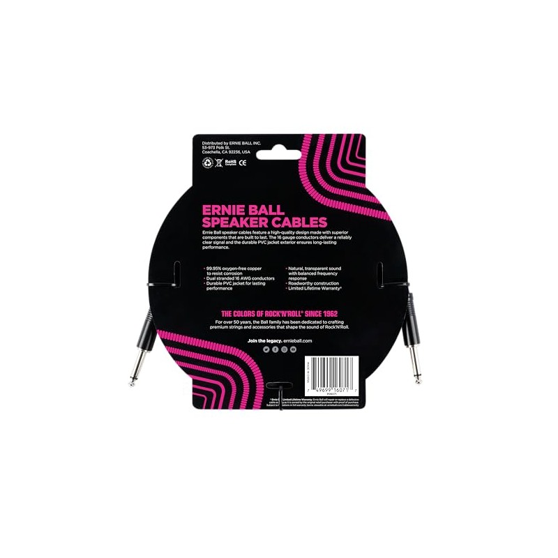 Ernie Ball - Cable para altavoces, recto/recto, 0,91 m