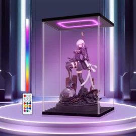 Clear Acrylic Display Case with Color Light for 400% Popmat Figurs, Assemble Clear Display Box Stand Dustproof Protection Showcase Organizer Box for Action Figures