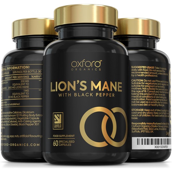Advanced Lions Mane Mushroom 2400mg - 60 High Strength Vegan Capsules - Lions Mane Supplement with Black Pepper - Lion's Mane Mushroom Supplement (not Lions Mane Powder or Tablets) Made in The UK