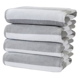 Stylish 4 Piece Light Gray Beach Towel Set, 100% Cotton, Ultimate Soft, Ultra Absorbent, and Highly Durable, Cabana Stripe Design | All Season Quick Dry, Fluffy Warm Thick & Comfy Pretty Silver Shade