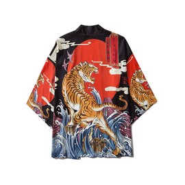 Cárdigan tipo kimono de manga 3/4 para mujer con estampado de chal japonés para cubrir la cubierta de traje de baño de anime, 16, Talla única