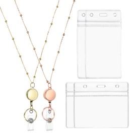 PATIKIL Badge Necklace Lanyard with ID Holder,2Pcs 304 Stainless Steel Retractable Round Badge Reel Lanyard Clip Chain with 2 Set ID Holder for Woman Office ID Card Key,Gold Tone/Rose Gold