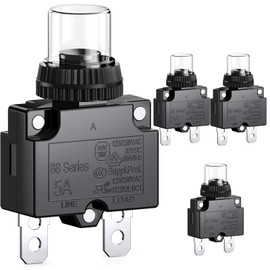 CLDIY 5A Circuit Breaker with Thermal Overload Protection, 88 Series Manual Push Button Reset with Quick Connection Terminals and Waterproof Keycap 32VDC or 125/250VAC, 4 Pieces