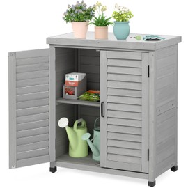 Outdoor Storage Cabinet & Potting Bench Table with Metal Top, Wooden Patio Furniture, Garden Workstation (Classic Grey, 36x31x17in)