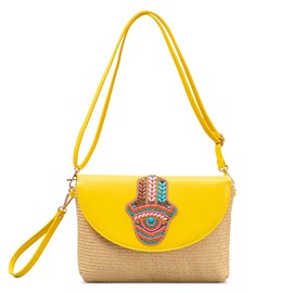 DIRRONA Fashion Ladies Handbag Characteristic Shoulder Bag Small Crossbody Bag Casual Travel Straw Handbag with Ethnic Style for Women Flap Design Shoulder Bags（Yellow）