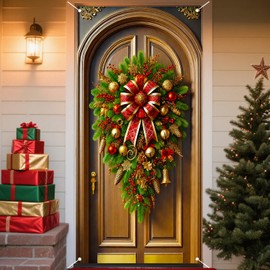 Nuxovilar Christmas Door Cover Christmas Banner Festive Ornate Red Gold Wreath Winter Holiday Decor for Home Indoor Outdoor (35x71 Inches)
