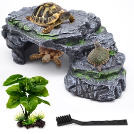 MoonOrange Turtle Basking Platform Kit, Reptile Habitat Hideout, Decorative Resin for Aquarium & Terrarium, Including Artificial Plant and Cleaning Brush. (A-Large-Black)