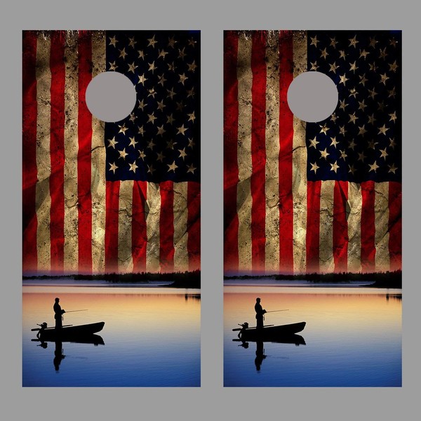 Lets Print Big Aged American Flag Boat on Lake Fishing Corn Hole Board Decal Wrap