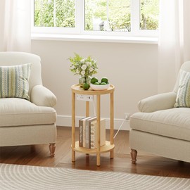 HOOBRO Small Round Side Table with Charging Station, 2-Tier Round Bamboo End Table, Compact Sofa Bedside Table for Small Space, Easy Assembly, for Living Room, Bedroom, Apartment, Natural YL156UBZ01