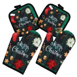 Cabilock Set of 4 Christmas Pot Holder Glove Set Oven Gloves Heat Resistant Kitchen Gloves Oven Gloves for Cooking, Baking, Grilling