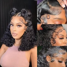 SWOTHEW Curly Human Hair Wig HD Frontal Wigs Human Hair 13x6 Deep Wave Lace Front Wigs Human Hair Pre Plucked 200 Density Wet And Wavy Lace Front Wigs Human Hair Glueless Wigs Human Hair Black 12inch