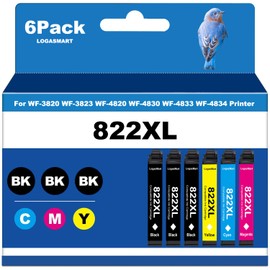 822XL Remanufactured for Epson 822XL Ink Cartridges for Epson 822XL T822 for Epson Workforce Pro WF-3820 WF-3823 WF-4820 WF-4830 WF-4833 WF-4834 Printer 6 Pack 3 Black 1 Cyan 1 Magenta 1 Yellow