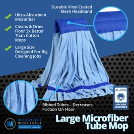 Large Microfiber Tube Mop (18 oz.) | Commercial Wet Mop Head Replacement | Dries 3X Faster Than Cotton String Mops | Machine Washable (Blue)
