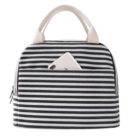 EurCross Canvas Lunch Tote Bag for Women for Work with Black and White Stripes, Reusable Insulated Meal Prep Preppy Lunch Box Bag for Daily Use, Cute Lunch Cooler Bento Boxes Bags