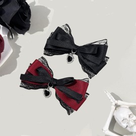 2PCS Lace Hair Bow Clips for Women Black Red Bow Hair Accessories with Heart Charm Designs Cute Lolita Hair Clips Non-slip with Alligator Clip Hairpin for Party Gathering Hair Decoration