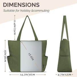 Buringer Corduroy Tote Bag for Women Large Shoulder Bag with Zipper and Pockets for Travel Gym Vacation (Green)