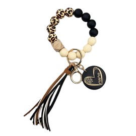 Phamines Wood/Silicone Bead Leopard Bracelet Keychain with Leather Tassel mama Pendant Keyring Wristlet Bangle Keyring Car Keys Holder (Black)