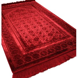 Modefa Velvet Prayer Rug - Soft Plush Turkish Janamaz Sajada Carpet for Men and Women - Plain Solid Prayer Mat Ramadan Eid Gift - with Prayer Beads - Luxury Floral Stamp (Red)