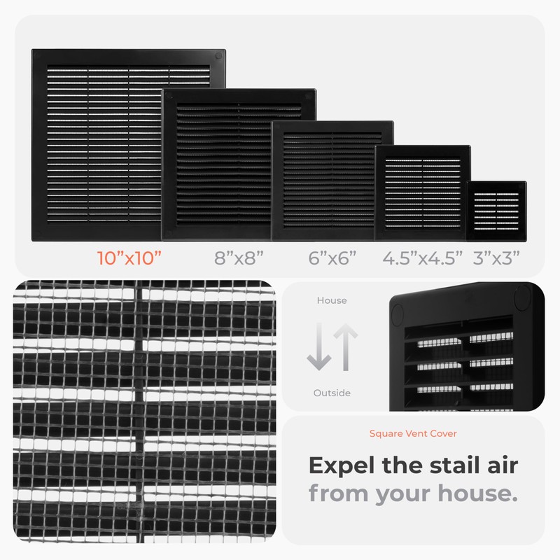 HVAC OV 10" x 10" Inch (Grille Dimensions) Black Plastic
