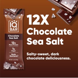 IQBAR Brain and Body Plant Protein Bars - Chocolate Sea Salt - 12-Count Low Carb - Gluten Free, High Fiber, Vegan Snacks - Low Sugar Meal Replacement