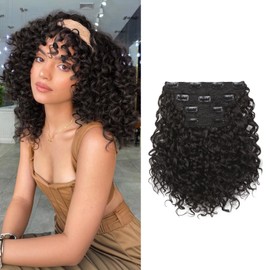 FLUFYMOOZ 4PC Clip in Hair Extensions, 10 Inch 100％ Pure Protein Silk Short Hairpiece Deep Curly Wavy Hair Extensions Clip in Natural Soft Hairpiece for Women-Dark Chocolate Brown