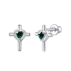 925 Sterling Silver Cross Earrings Screw Back with Heart CZ Hypoallergenic Stud Christian Religious Faith Jewelry Gifts (05.Green-May)