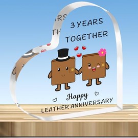 JMIMO 3rd Wedding Anniversary Plaque Gifts 3 Years Together - Happy Leather Anniversary Heart Shaped Acrylic Plaque for Couple Wife Husband