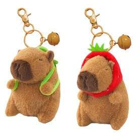 2 Piece Capybara Plush Keychain Set Cute Capybara Toys with Keyrings and Bells, Soft Plush Capybara Keychains, Capybara Keyrings for Bags, Gifts, Perfect for Capybara Lovers(Strawberry+Turtle)