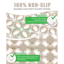 Square Shower Mat Non Slip - Shower Floor Mat with Suction Cups and Drain Holes - Anti Slip Shower Stall Mat for Elderly Kids - Machine Washable 24x24 inch Khaki