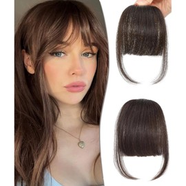 DYbeautyhair Clip in Fringe - Dark Brown 100% Human Hair Bangs Clip in Air Bangs With Temples Hairpieces Curved Bangs For Women Daily Wear (Dark Brown, Neat Bangs)