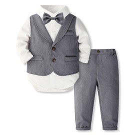 Baby Boy Gentleman Dress Romper Suit Toddler Formal Wedding Outfits Grey Infant Birthday Long Sleeve Bowtie Pants Set (Grey, 12-18 Months)