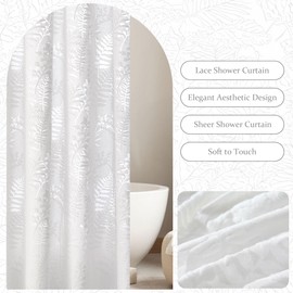 Lameirose Extra Long White Shower Curtain Lace, 72 x 78 Tufted Tropical Plant Textured Shower Curtain, Shabby Chic Home Decor for Bathroom